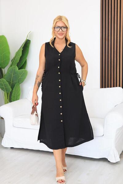 Siyezen Plus Size Linen Fabric Dress with Side Lace Detail