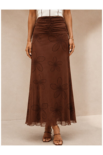 SHEBARA Printed Tulle Skirt with Waist Cinching