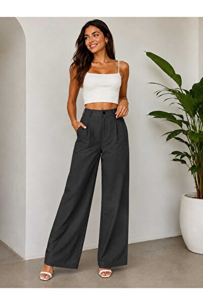 GİYİYORUM Women's High Waist Wide-Leg Pants/Classic Cut with Pockets