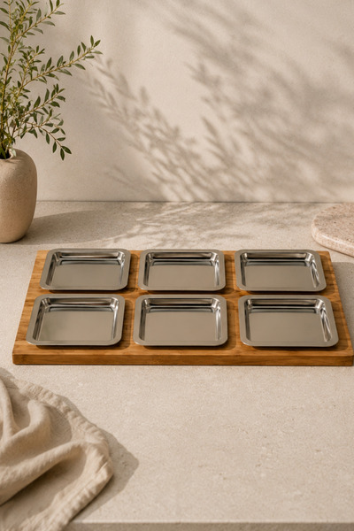Seral 6-Piece Stainless Steel Square Tea, Coffee, Cake Serving Tray, Presenta...