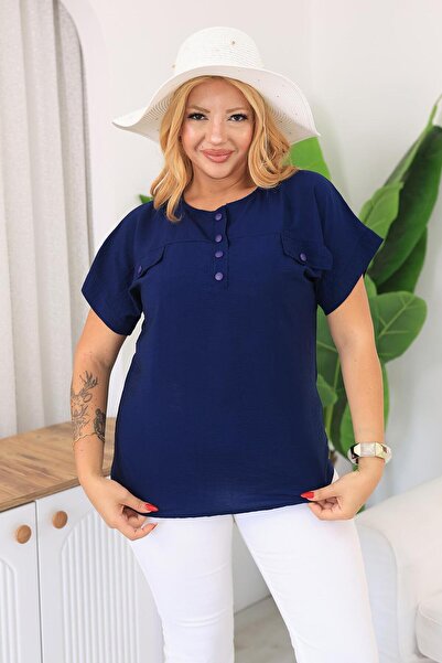 Siyezen Plus Size Ornamental Pocket Buttoned Blouse