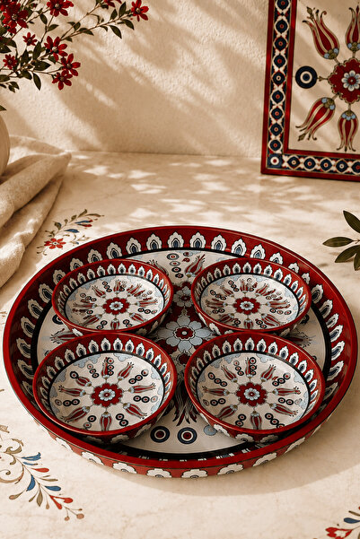 Sarkap Home 26 cm Kırmızı Ebru Meyve Tabağı ve 4'lü Çerezlik Seti