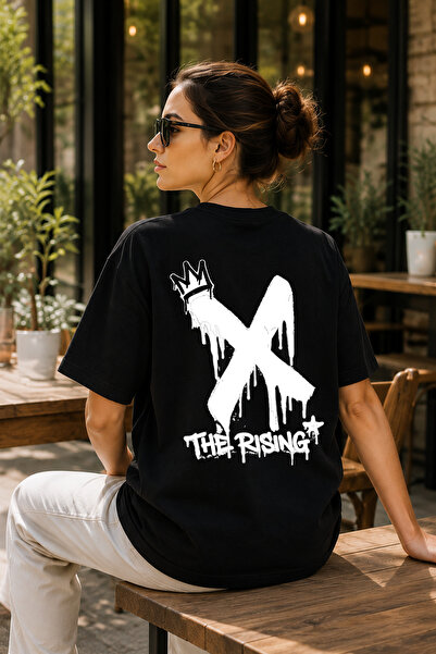 BAGAND Premium the Rising X Printed Black Oversize Unisex Streetwear T-Shirt