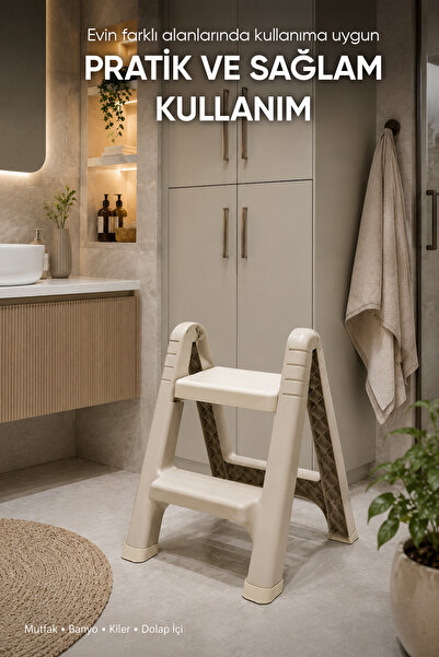 Vienev Katlanabilir 2 Basamaklı Tabure Mutfak Banyo İçin Plastik Merdiven Ev Tipi Kompakt Pratik Tasarım