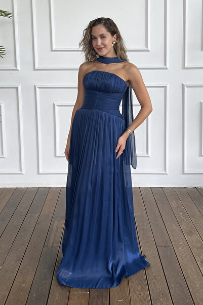 Lafaba Women's Navy Blue Shawl Strapless Neckline Slit Long Chiffon Evening D...