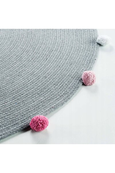 Douceur D'INTERIEUR DYWANIK covor rotund pentru copii GRI cu pompoane 90 cm