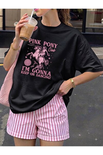 LELVANİ Women's Pink Pony I'M Gonna Keep on Dancing Visual Printed T-Shirt