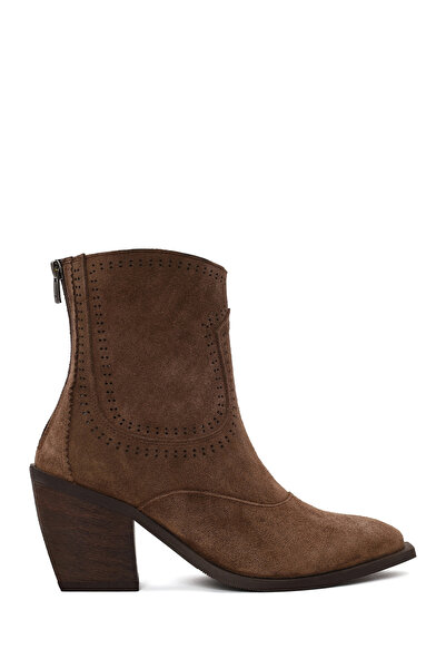 Derimod Women's Tan Zippered Thick Heeled Suede Leather Boots Wf190065Ds