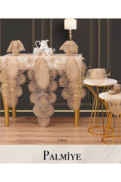 Ceki Home طقم مفرش طاولة من الكتان مكون من 7 قطع من كابيتشينو بالم موديل، طقم...