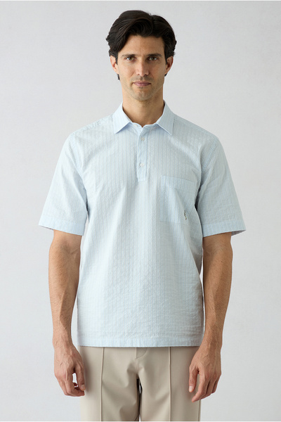 Kiğılı Short Sleeve Boxy Fit 3 Button Pockets Cotton Embroidered Striped Shirt