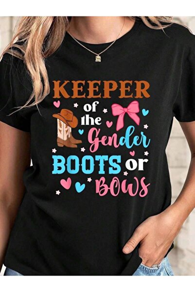 26LIK Boots Or Bows Keeper Of The Gender Reveal Outfit Fun Graphic T-Shirts W...