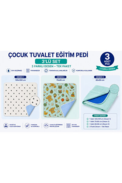 CDE Çocuk Tuvalet Eğitim Pedi 3'lü Set – Yıkanabilir Sıvı Geçirmez 3 Farklı D...