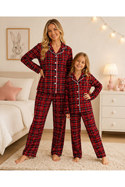 zahider Mother and Daughter Cotton Buttoned Plaid Pattern Long Sleeve Pajama Set
