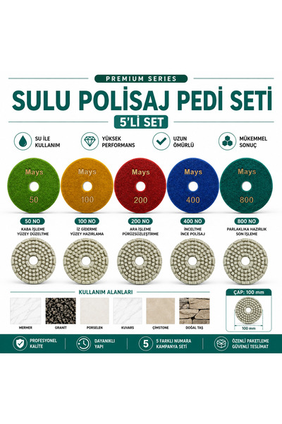 MAYS Sulu Polisaj Pedi 100 mm 5'li Set 50-100-200-400-800 No Mermer Granit Po...