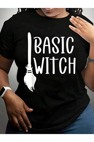 kai22 تي شيرت بطباعة جرافيكية سوداء بتصميم عصا الساحرة المضحكة من Basic Witch...