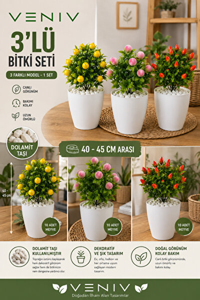 VENİV 3’LÜ DEKORATİF YAPAY BİTKİ SETİ | 40-45 CM | DOLAMİT TAŞLI | 10 MEYVELİ
