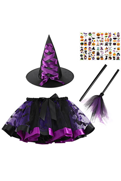 OEM Costum de vrăjitoare de Halloween pentru fete, Tutu mov/negru, Pălărie, M...