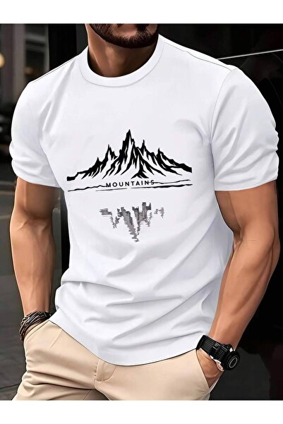 kai22 تي شيرت رجالي بتصميم "Mountains" بسيط، بطبعة جبل ثلجي وانعكاس البحيرة، ...