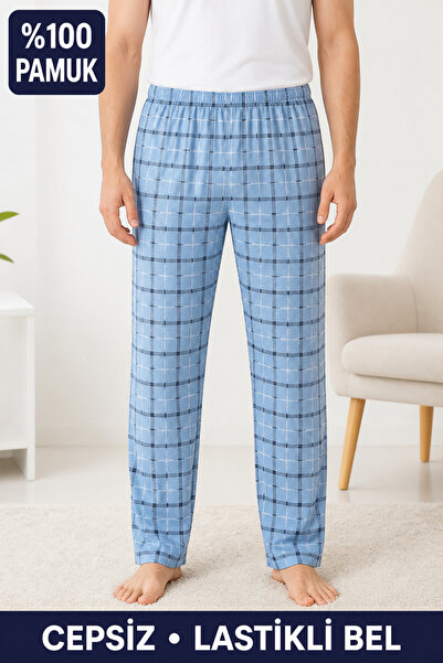 Nova Fuşya Lingerie Single 100% Cotton Plaid Patterned Men's Pajama Bottoms T...