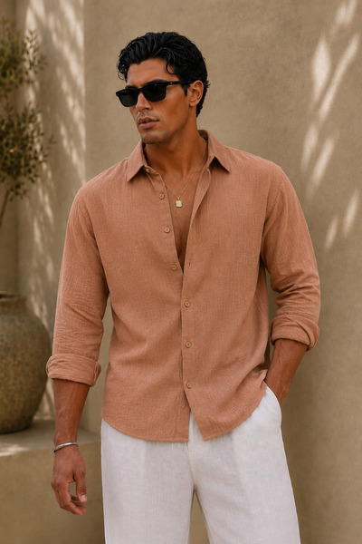 Tarz Cool Breathable Regular Muslin Fabric Long Sleeve Collared Men's Shirt -...