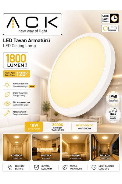 ACK LED TAVAN VE DUVAR ARMATÜRÜ 18W (SARI IŞIK) BEYAZ KASA