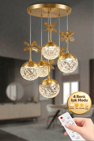 Lumia Lighting Küre Model 5"li Kumandalı Gold 3 Renk Modu Ledli Kristal Taşlı...