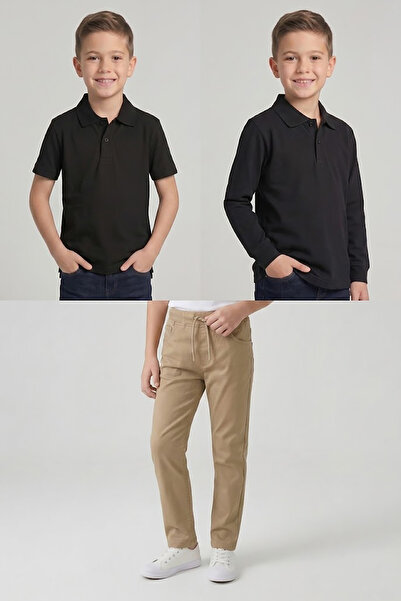 nacar çarşı Boys' School Black Long and Short Sleeve Polo Collar T-Shirt Beig...