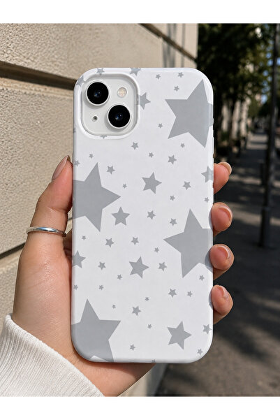OVADA İPhone 13/14/15 Uyumlu Beyaz Yıldız Desenli Kadife Soft Telefon Kılıfı