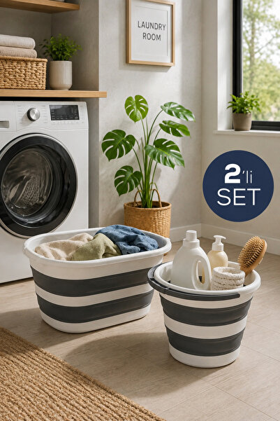 Mecra Life 2’li Set Katlanabilir Çamaşır Sepeti ve Katlanır Kova 25 LT + 12 L...