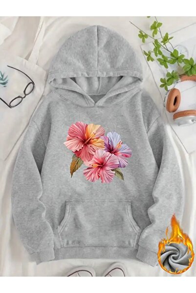 FUFLUNS Front Flower Printed Oversize Unisex Women'S/Men's Hooded Sweatshirt