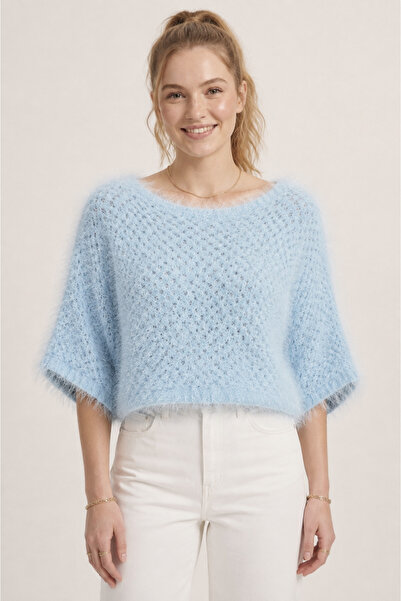 Neden Tekstil Women's Blue Openwork Bearded Bat Sleeve Knitwear Sweater