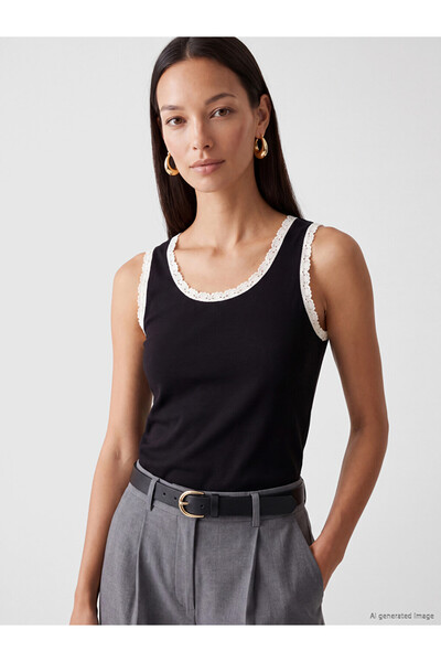 LC Waikiki Black Crew Neck Women's Undershirt with Lace Detail