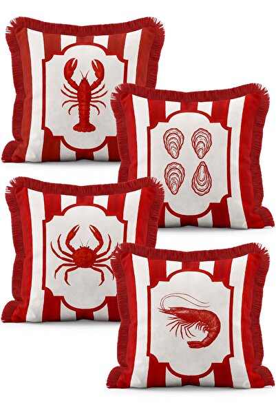 IdeCraft Set of 4 Fringed Throw Pillow Covers with Red Striped Lobster, Crab ...