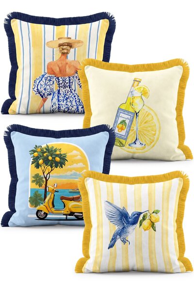 IdeCraft Italian Summer Themed Vespa Limoncello and Striped 4-Piece Fringed C...