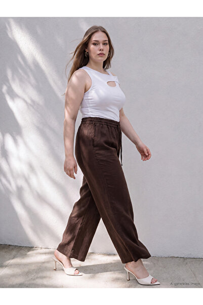 LC Waikiki Trendlucky Plus Size Linen Blend Women's Trousers with Difference