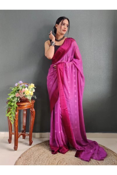 MYSMAR Pink Soft Georgette Saree with Maroon Border - FFT9598 | Pink-Size-0