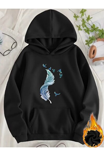 FUFLUNS Feather Printed Oversize Unisex Women'S/Men's Hooded Sweatshirt