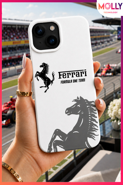Molly iPhone 13/14 İçin Beyaz Racing Horse Desenli İçi Kadife Silikon Kılıf