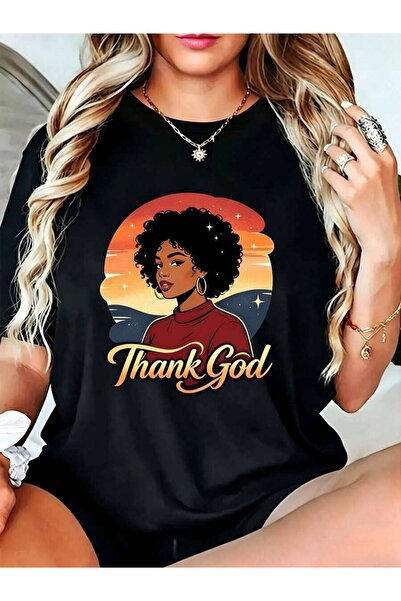 k222 Casual Vintage Women's T-Shirt Thank God Afro Girl Graphic Summer Gift F...