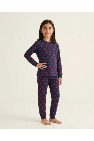 Lacivert – Kalp Desenli Kız Süprem Pijama Takım