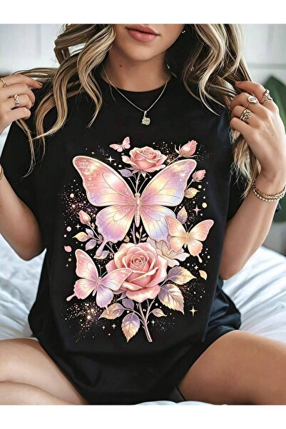 21JNRY Floral Butterfly Print Women's T-Shirt Summer Casual Wear Gift For Her