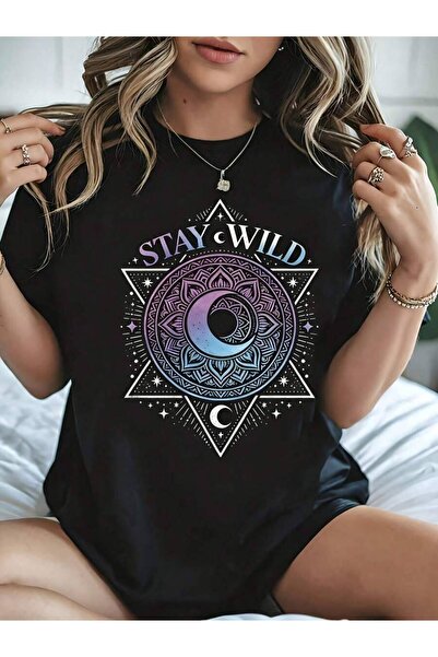 21JNRY Mystic Boho Women's T-Shirt Stay Wild Moon Mandala Graphic Casual Summ...