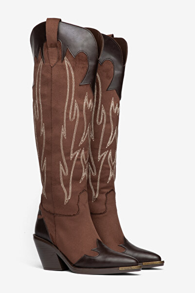 DENORA Brown Matte Suede Embroidery Detail Knee-High Western Cowboy Boots