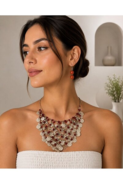 MARE BUTİK Burgundy Beaded Authentic Coin Detailed Necklace