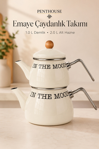 Penthouse Cream Enamel Teapot Set 1 L Teapot + 2 L Lower Container Black Inne...