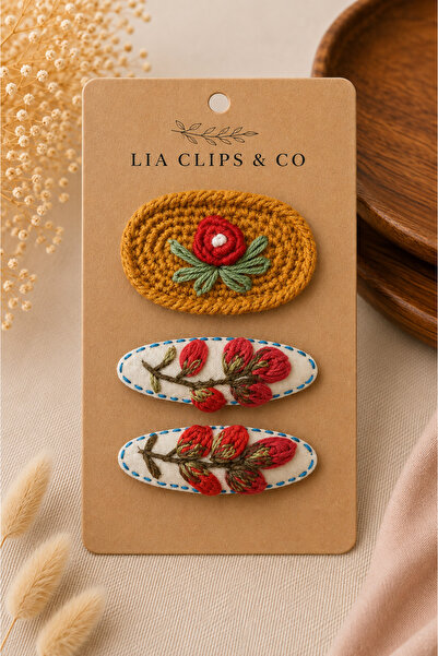 LİA CLİPS CO Handmade Floral Embroidered Children's Hair Clips Set of 3