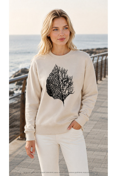 EMMODA Sweatshirt casual pentru femei, cu imprimeu cu frunze uscate și gât ro...