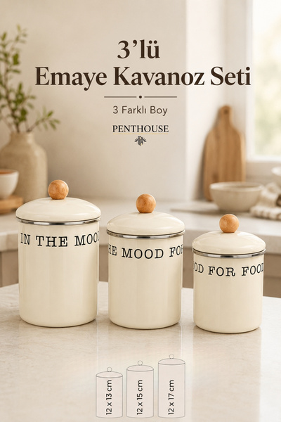 Penthouse 3-Piece Enamel Jar Set with Wooden Handle and Lid, 12 cm Diameter, ...