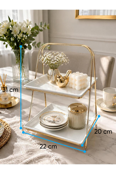 EMFA HOME İki Katlı Şık Mika Sunumluk Kurabiyelik Orta Boy 31x22x20