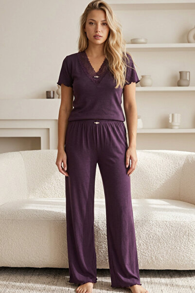 Siyah İnci mor Dantelli Pamuklu Fitilli Kaşkorse Örme Pijama Takım26120701